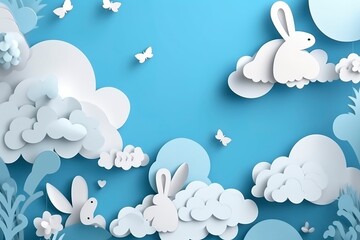 Horizontal banner with paper cut clouds, rabbit, eggs, and hearts, blue sky background, paper cut craft art. A place for text. Happy Easter Day sale concept, template with square frame, generate ai