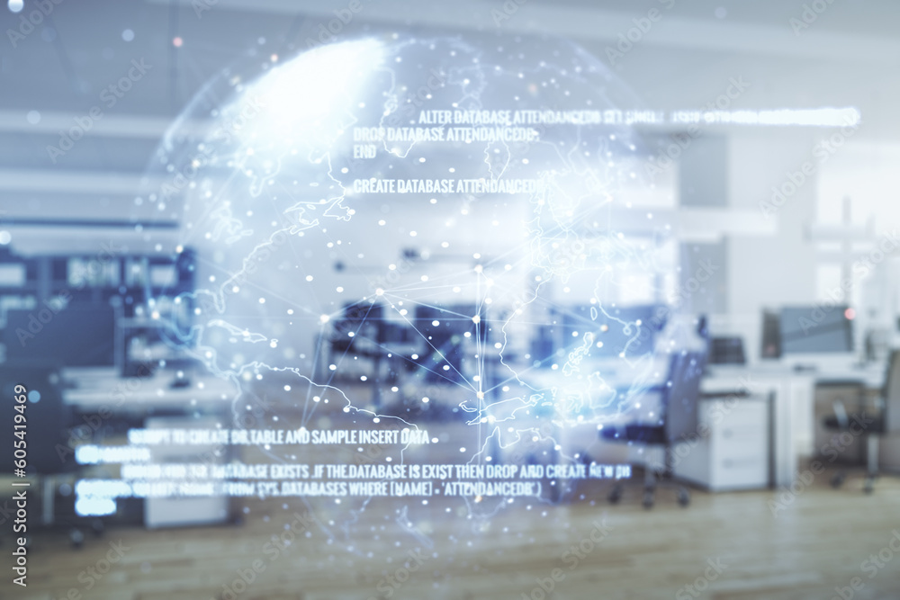 Poster multi exposure of abstract software development hologram and world map on modern corporate office ba