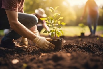 People planting trees or working in community garden promoting local food production and habitat restoration, concept of Sustainability and Community Engagement , generate ai