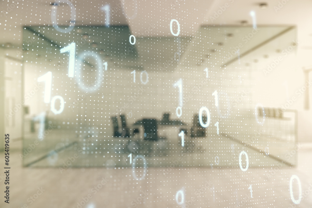Aufkleber Abstract virtual binary code sketch on a modern furnished office interior background, hacking and matrix concept. Multiexposure
