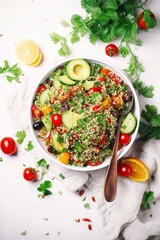 Fototapeta na wymiar Quinoa tabbouleh salad with red cherry tomatoes, orange paprika, avocado, cucumbers and parsley. Traditional Middle Eastern and Arabic dish. White table background, top view, generate ai
