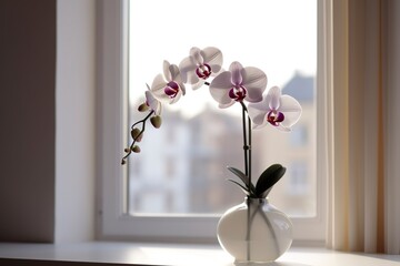 Vase with orchid flowers on white table near window indoors , generate ai