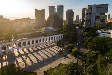 Aerial View of Lapa Aqueduct With City Downtown in Rio de Janeiro on Sunset