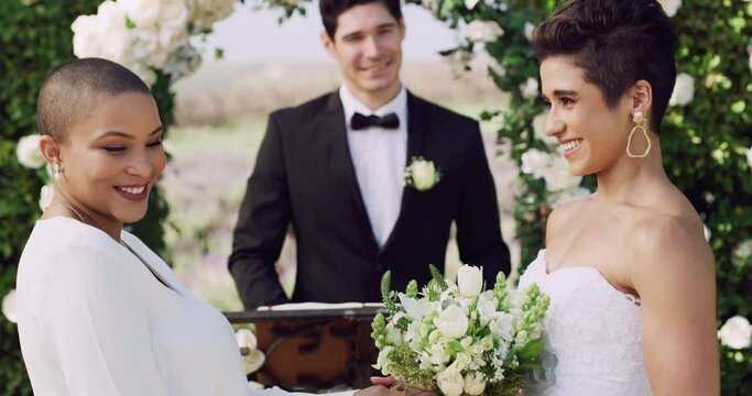 Lesbian, bride and lgbt wedding in ceremony, celebration and women together at the altar with officiant for commitment. Marriage, event and lgbtq love, pride and couple, celebrate and happiness