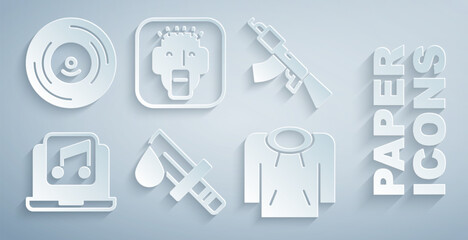 Set Bloody knife, Submachine gun, Laptop with music, Hoodie, Rapper and Vinyl disk icon. Vector