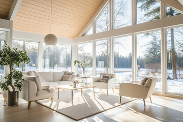 Fototapeta premium A living luxurary room of a beautiful bright modern Scandinavian style house, generative AI