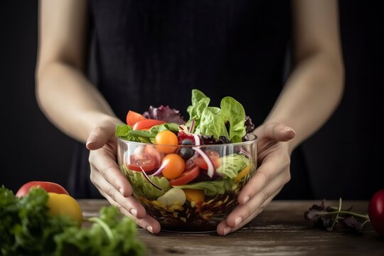 A View Of A Young Woman's Hands Holding A Glass Bowl Full Of A Healthy Mixed Salad, Generate Ai