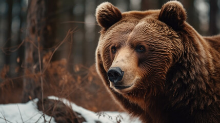 portrait of a big brown bear in winter. Generative AI