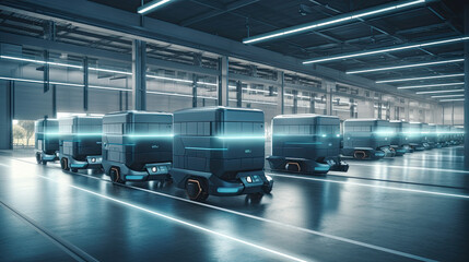 Obraz premium modern warehouse with robots that drive the goods across the hall. Generative AI