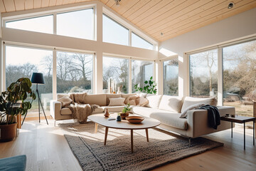 Fototapeta premium Modern Scandinavian Living Room, Bright Natural Light, Large Windows, Cozy Sofa, Wood Accents, Minimalist Decor, Home Interior Design