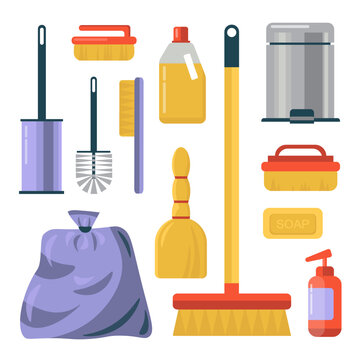 Cleaning and disinfection tools. Clean floor, vector sanitary and hygiene products, broom and mop, bucket, household equipment items isolated on white background. Cleaning equipment set