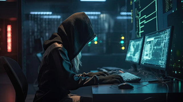 a hooded hacker sits in front of his computer and types something on the keyboard. cyber security concept Generative AI