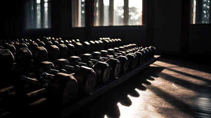 lined up dumbbells in the gym. Generative AI