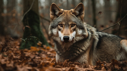 a wild wolf in the forest in autumn. Generative AI