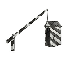 Vintage Guardhouse with Barrier Arm. Black and white striped guardhouse with a raised barrier, ideal for border or checkpoint illustrations.