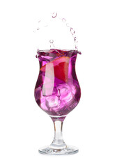 Purple gin and tonic with splashes on white background