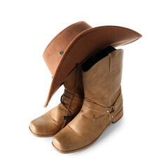 Cowboy hat and boots isolated on white background