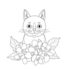 Cute coloring book with cat in flowers. Simple shapes, outline for children and adults. Vector illustration