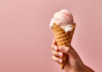 Hand holding ice cream cone on peach background. Banner, advertisement