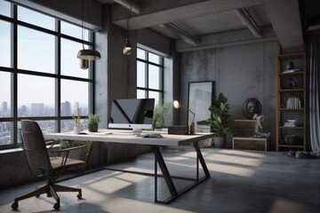 Fototapeta na wymiar Modern concrete workspace with city views, furniture and equipment. Rendered in 3D. Generative AI
