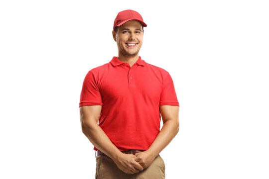 Smiling man in a red t-shirt and a red cap