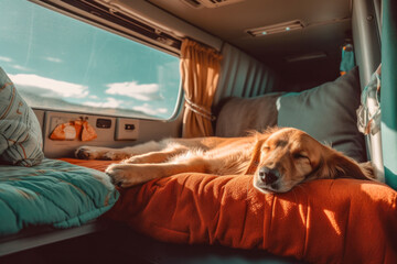 Lovely dog sleeping inside a camper van.  - obrazy, fototapety, plakaty