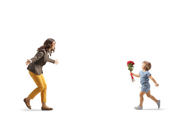 Little girl holding red roses and running towards a young woman