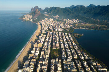 Aerial View of Ipanema and Leblon Beach and District With Mountains in the Horizon in Rio de Janeiro, Brazil