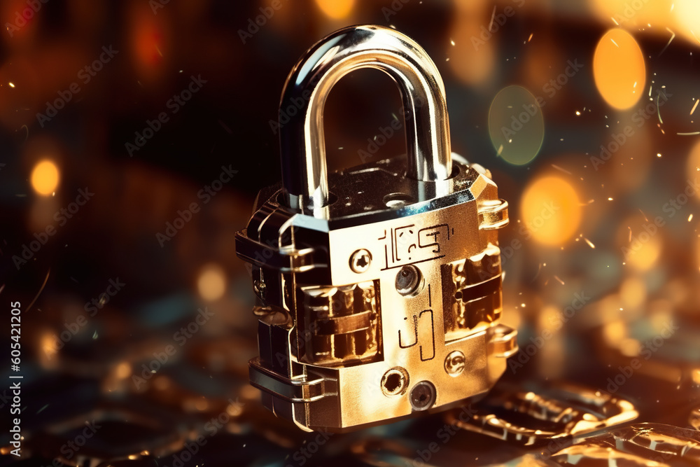 Poster a lock on a computer keyboard surrounded by colorful lights. generative ai. cyber security illustrat