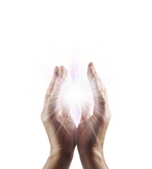 Mature male Reiki healer with cupped hands and bright energy star orb between transparent png file
