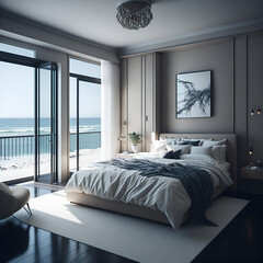 Minimalistic modern bedroom design. AI generated illustration