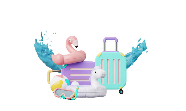 Summer time vacation beach with Minimal suitcase luggage, inflatable rings, other elements isolated on clear png background, summer pink theme. minimal cute design. 3d render