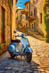 Fototapeta na wymiar Vintage scooter, traditional italian village located in the hills of the Toscana. Ai generative