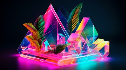  Iridescent Leaves on Display Glass with Neon Lights, Generative AI