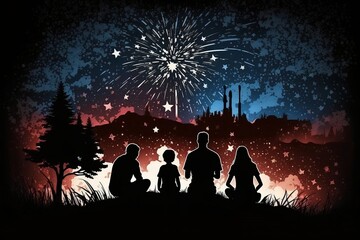 Fototapeta na wymiar Summer Fun with Family watching Fourth of July Fireworks celebrating America Ai Art Computer Background