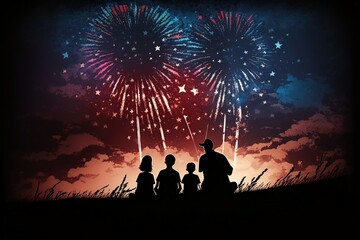 Fototapeta na wymiar Fourth Of July Summer Night with Family watching Firework Display together Ai Art Computer Background