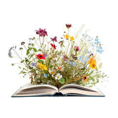 Open book with flowers isolated on white background. Generative AI - obrazy, fototapety, plakaty