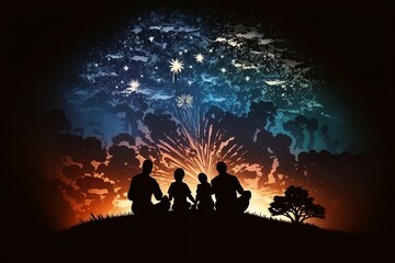 Naklejka na ściany i meble Fourth Of July Firework Celebration with Silhouette Illustration of Family during Independence Day