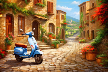 Naklejka na ściany i meble Vintage scooter, traditional italian village located in the hills of the Toscana. Ai generative