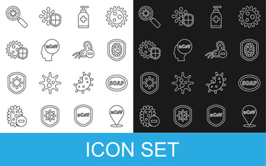 Set line Corona virus 2019-nCoV on location, Bar of soap, Shield protecting from, Bottle liquid antibacterial, Virus under magnifying glass and Negative icon. Vector