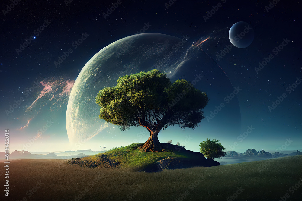 Poster 3d render of a tree on a grassy hill against a space sky with planets. generative ai
