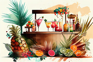 Bar counter with cocktails fruits berries tropical leaves sunglasses watercolor illustration. Generative Ai