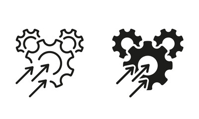 Gear with Increase Arrow Pictogram. Productivity Industry Process Line and Silhouette Icon Set. Operational Production Growth Symbol Collection. Optimize Business Sign. Isolated Vector Illustration