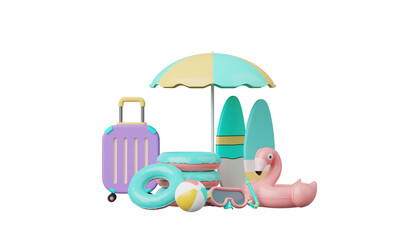 Summer vacation beach with Minimal Surfboard, island, elements isolated on clear png background concept, summer pink theme. minimal cute design. 3d rendering
