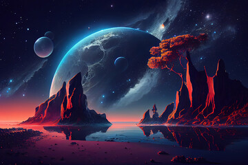 Futuristic fantasy night landscape with abstract islands and night sky with space galaxies. Generative Ai