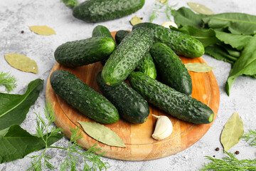 Wooden board with fresh cucumbers for preservation on light background