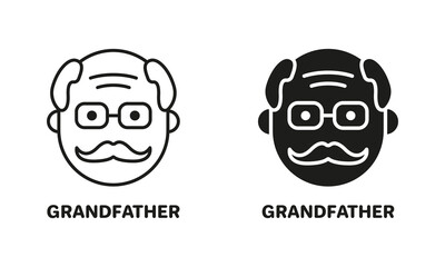 Old Man, Senior Person Silhouette and Line Icon Black Set. Happy Elder Man Pictogram. Old Grandfather Symbol Collection on White Background. Retirement Concept. Isolated Vector Illustration