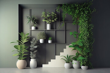 Interior wall with green plant,green wall and shelf. Generative Ai