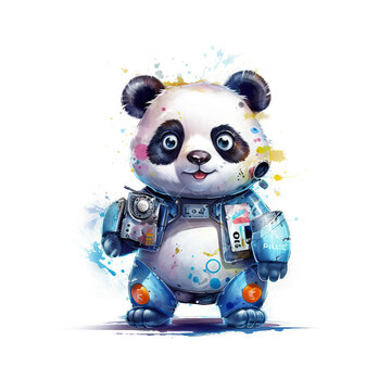 A painting of a panda bear wearing a space suit. Generative AI.