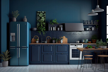 Modern style kitchen interior design with dark blue wall.3d rendering. Generative Ai